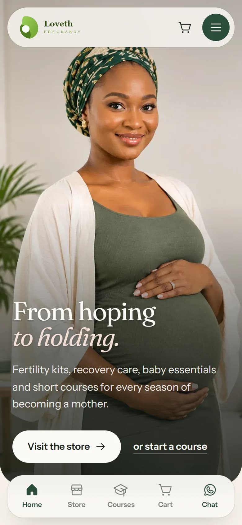 Loveth Pregnancy home page on a phone