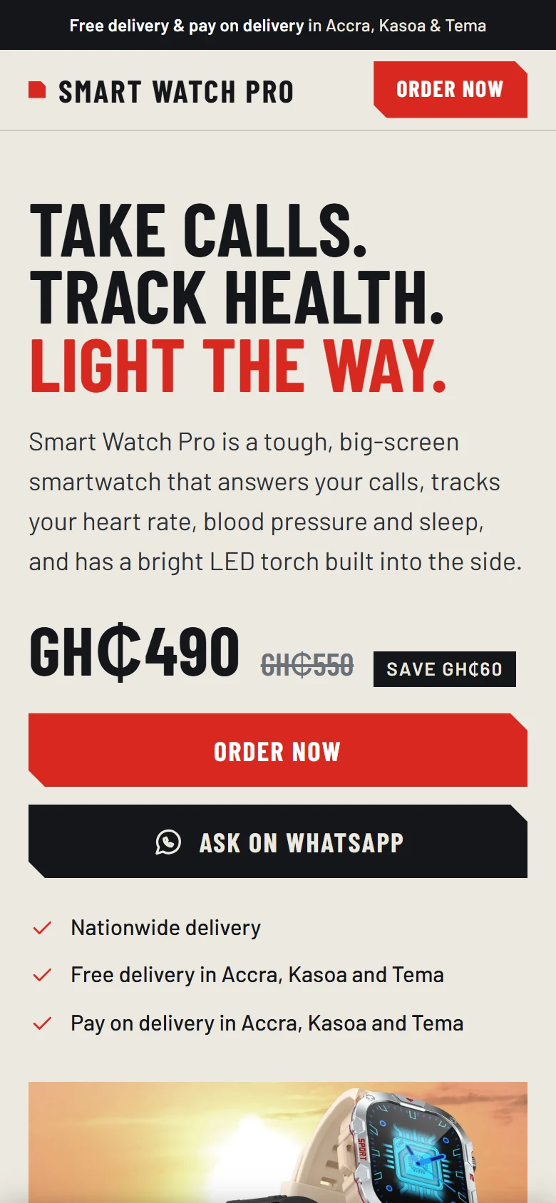 Smart Watch Pro home page on a phone